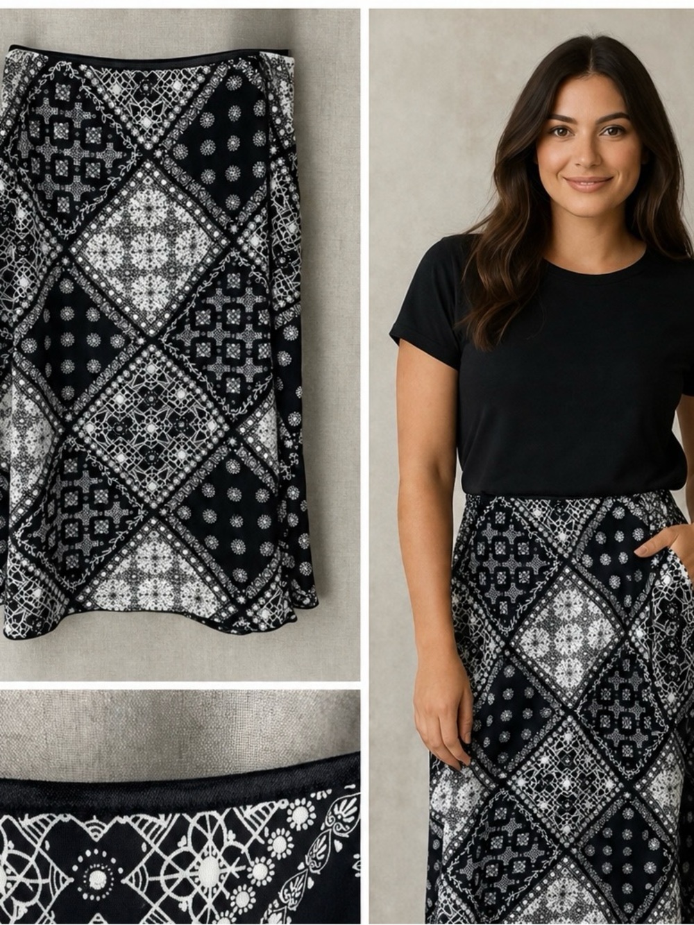 Vintage Bandana Skirt Black White Stretch Patchwork Print Cottagecore Femme L